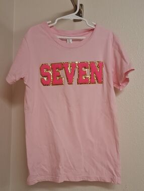 Bella Canvas Pink Tee with Hot Pink and Gold Sequin "SEVEN"